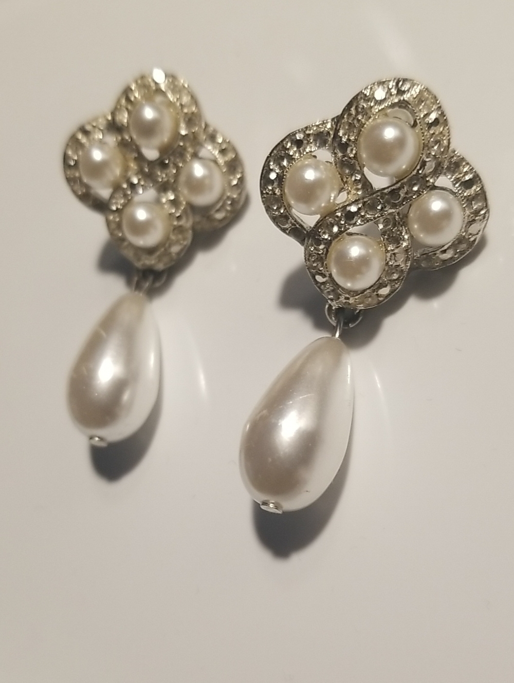 Vintage Wedding Elegant Pearl Drop Cluster Earrings - Silver and White
